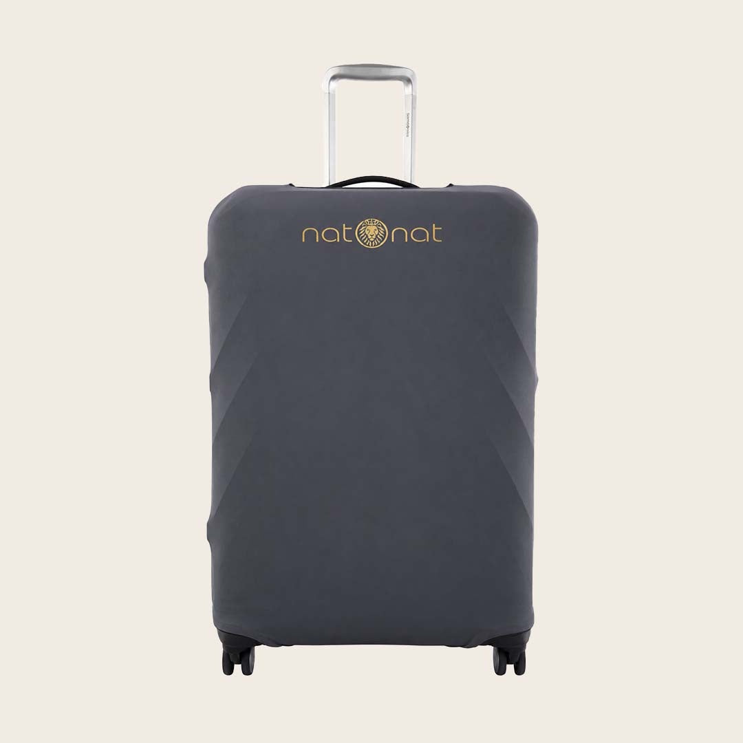Gray premium luggage cover fitted on suitcase