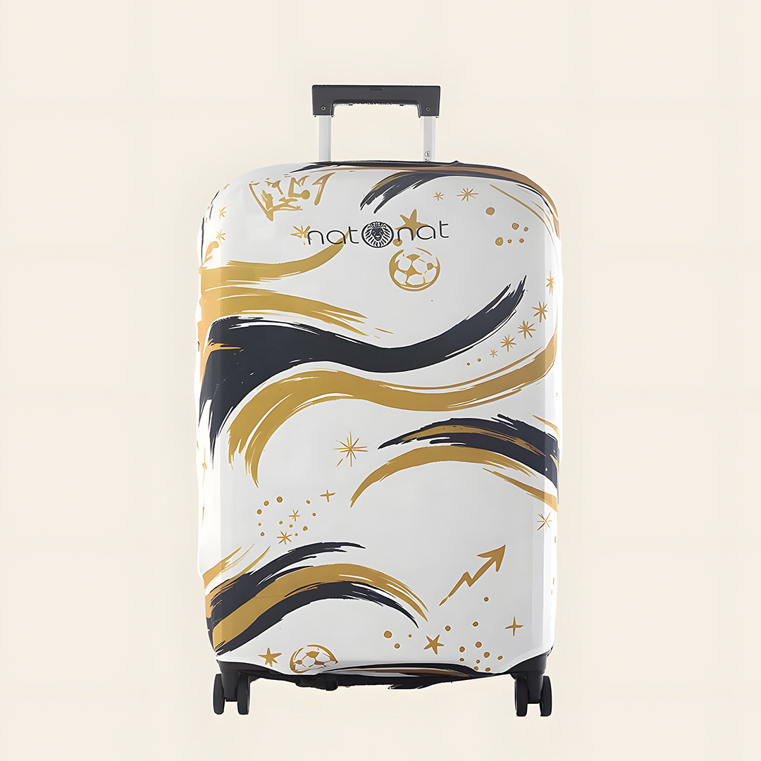 Madrid premium luggage cover fitted on suitcase with white black and gold design