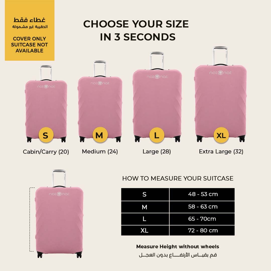 Pink luggage cover size guide for S M L and XL suitcases