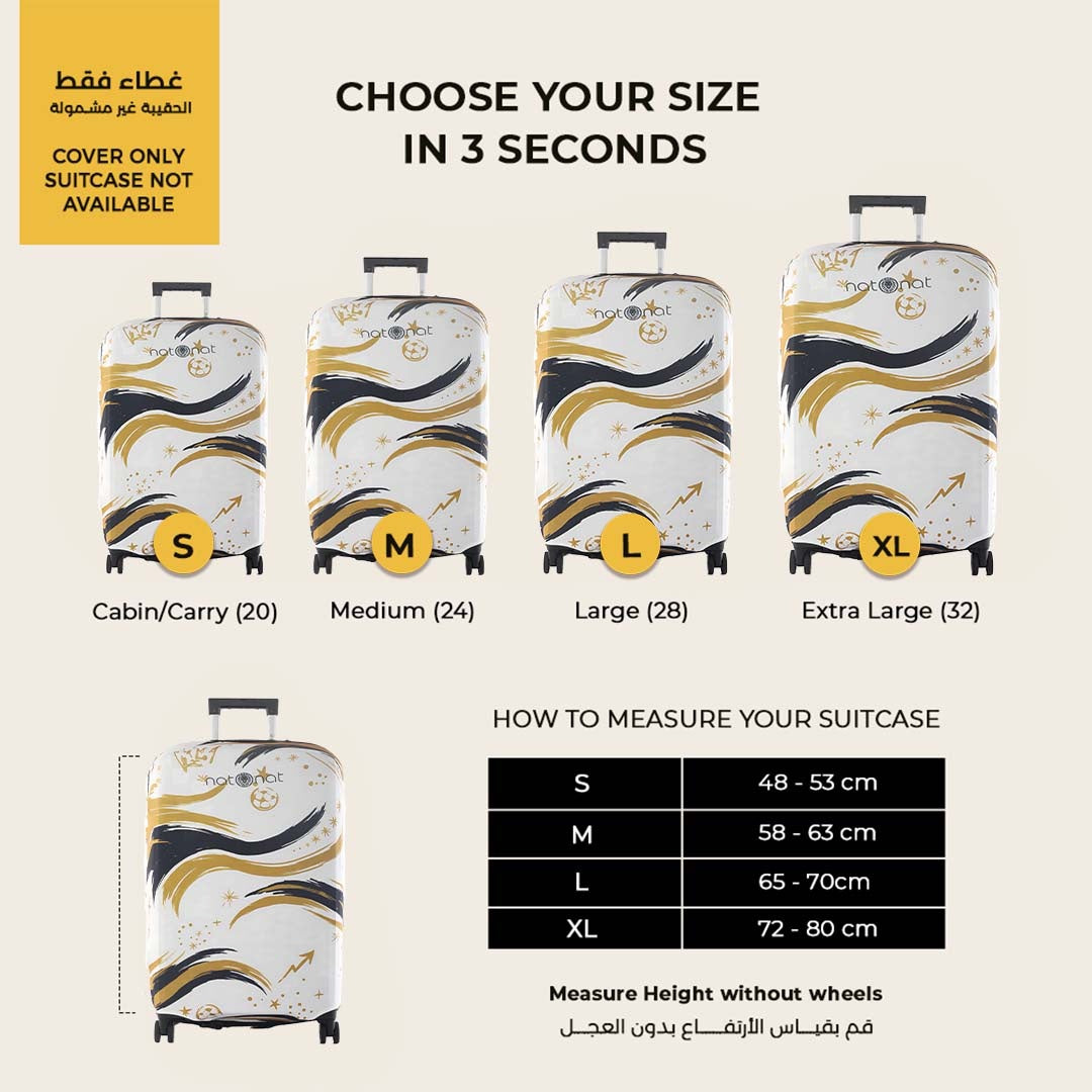 Madrid luggage cover size guide for S M L and XL suitcases