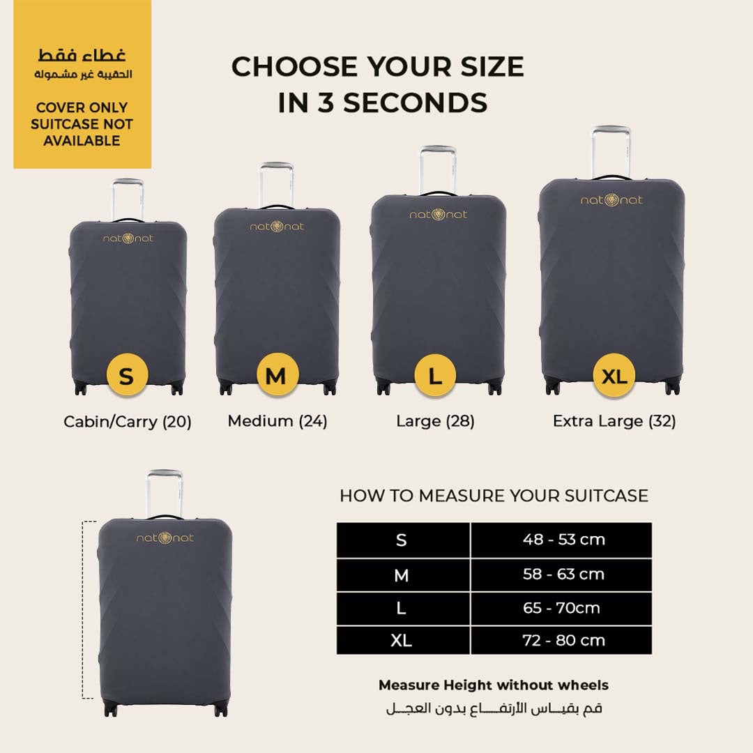 Gray luggage cover size guide for S M L and XL suitcases