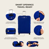Blue luggage cover showing top handle and side zipper openings