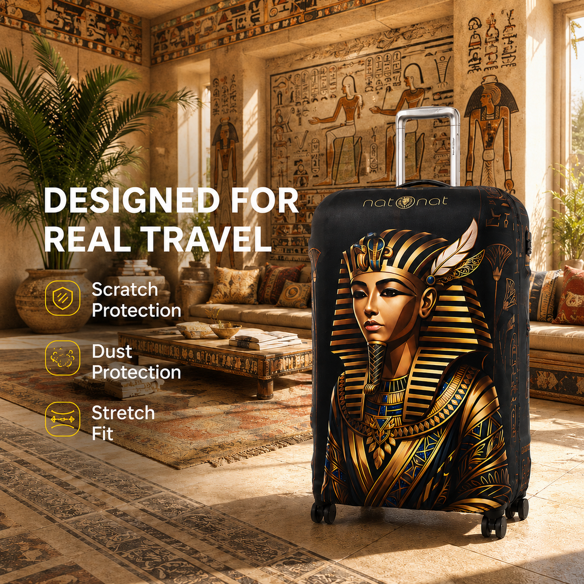 King Tut Premium Luggage Cover – Egyptian-Inspired Stretch-Fit Suitcase Cover | natOnat Egypt