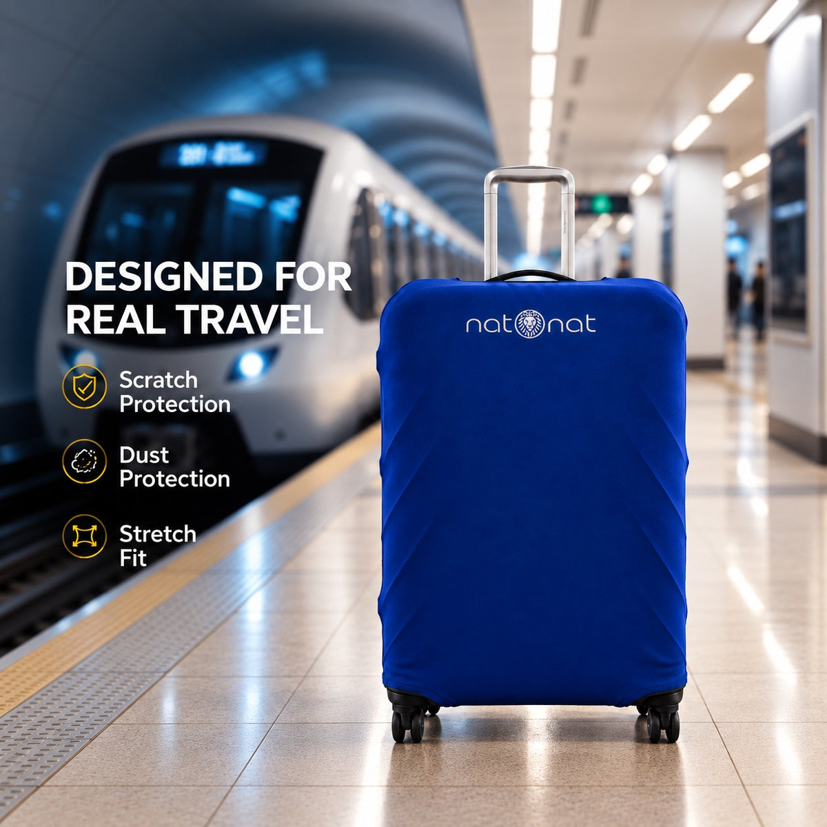 Blue luggage cover designed for real travel and suitcase protection
