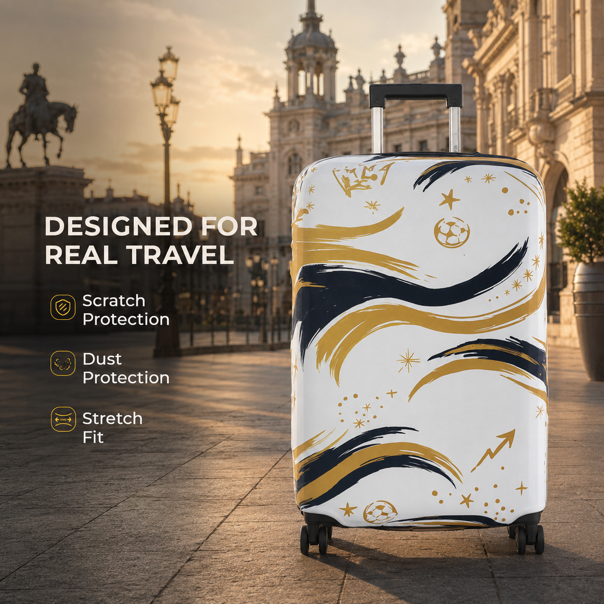 Madrid premium luggage cover shown in a travel setting