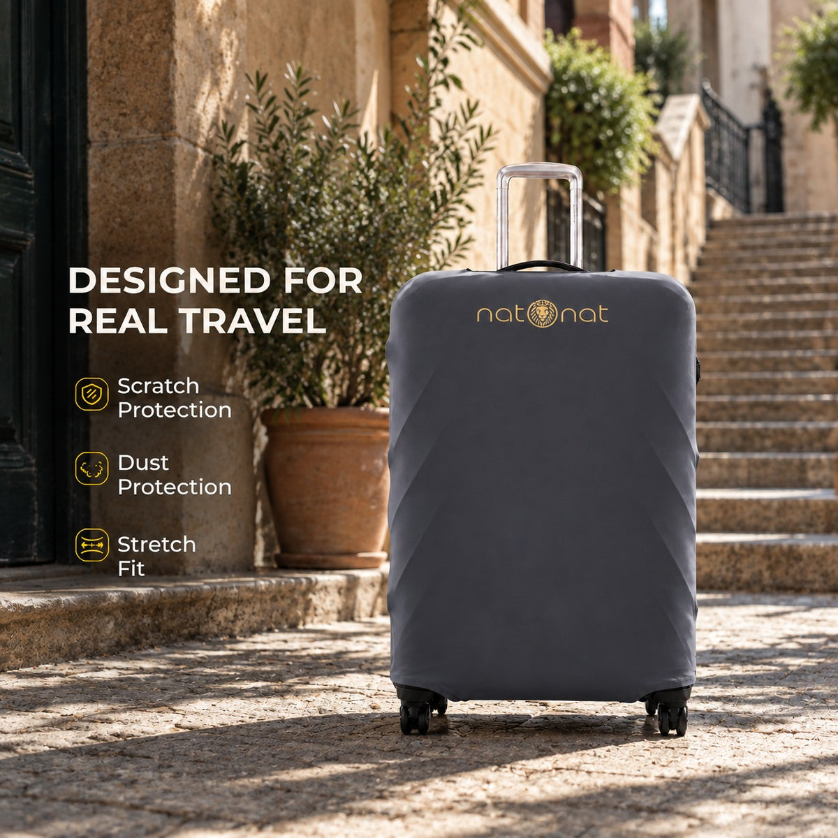 Gray luggage cover designed for real travel and suitcase protection