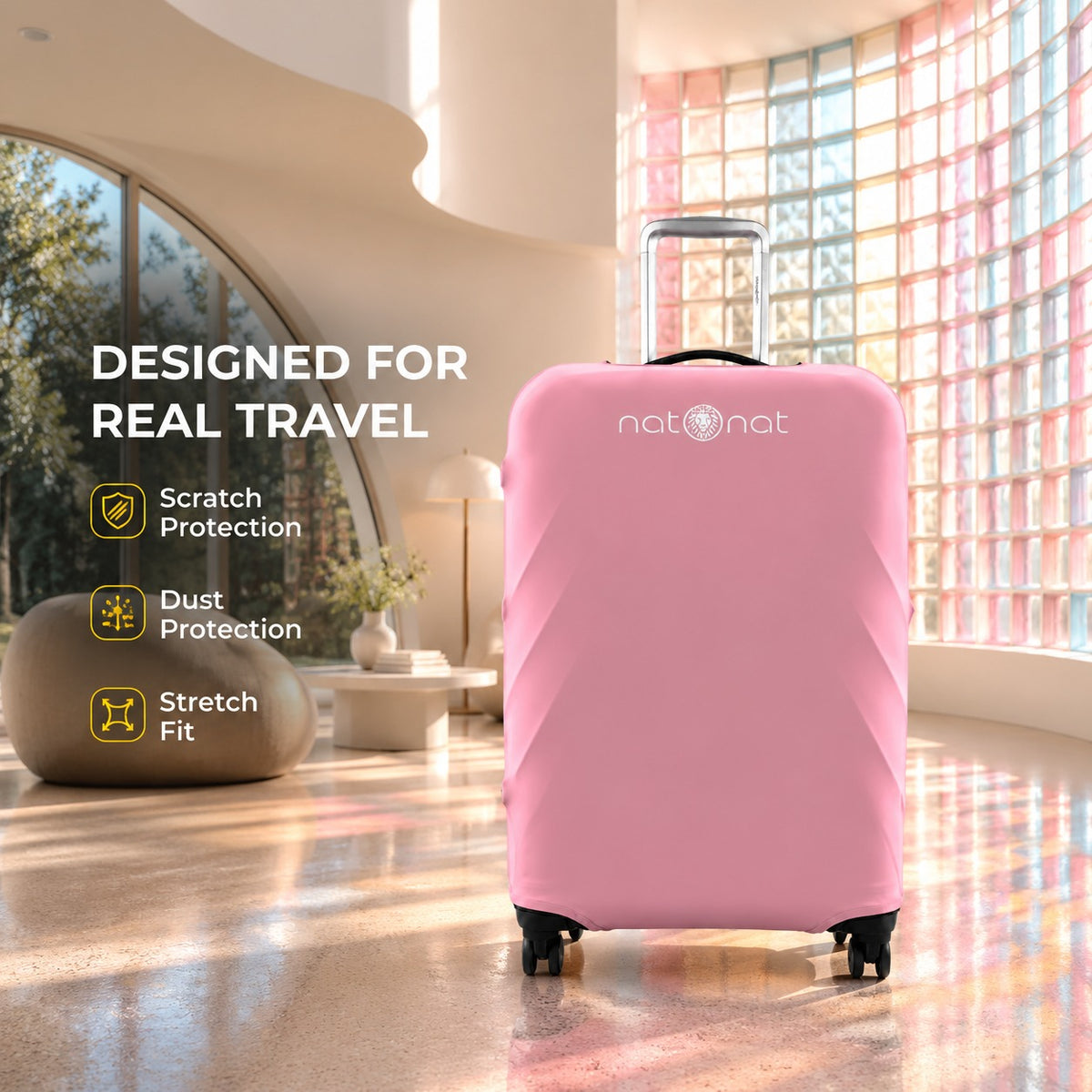 Pink luggage cover designed for real travel and suitcase protection