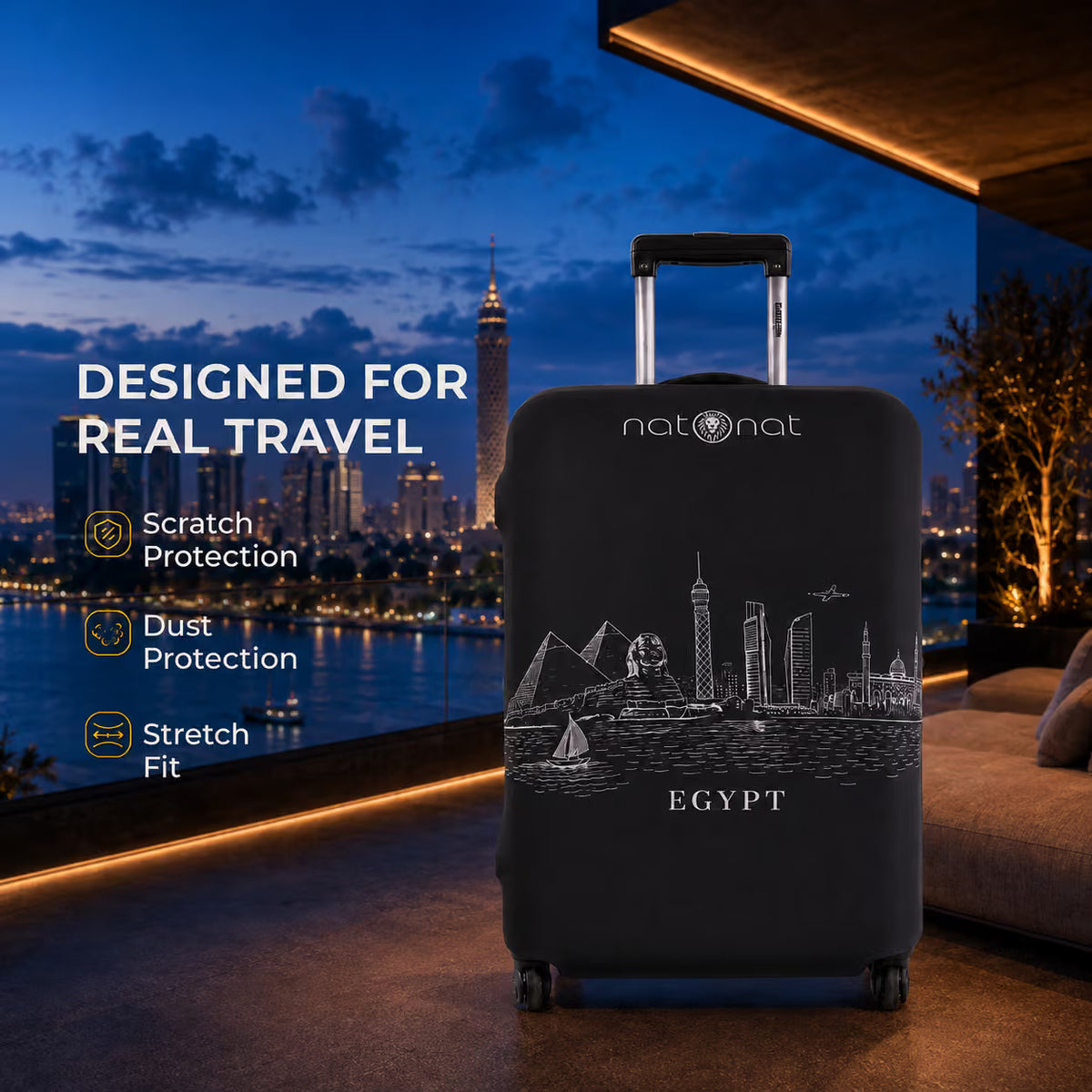 Egypt Skyline Premium Luggage Cover – Stretch-Fit Suitcase Cover | natOnat Egypt