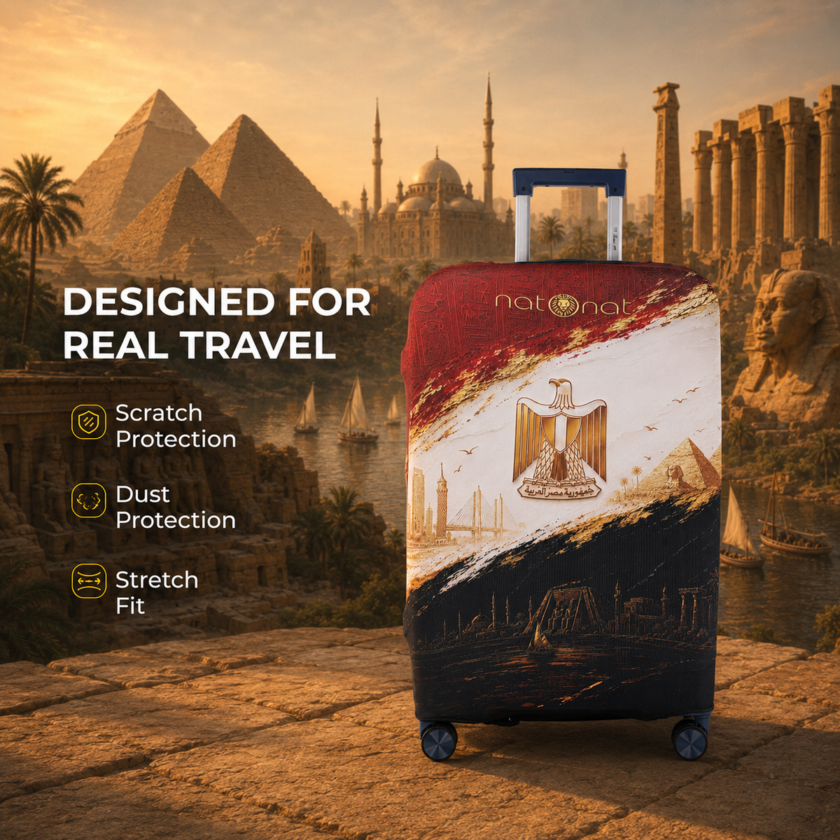 Egyptian Flag Premium Luggage Cover – Stretch-Fit Suitcase Cover | natOnat Egypt