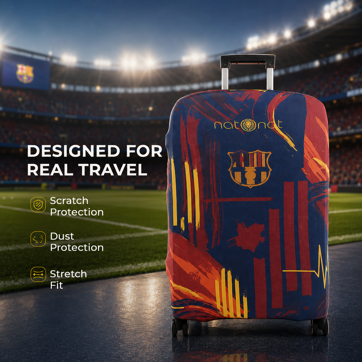 Blaugrana Premium Luggage Cover – Blue & Red Stretch-Fit Suitcase Cover | natOnat Egypt