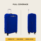 Blue luggage cover showing full suitcase coverage from front and rear