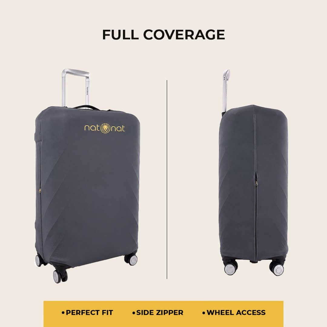 Gray luggage cover showing full suitcase coverage from front and rear