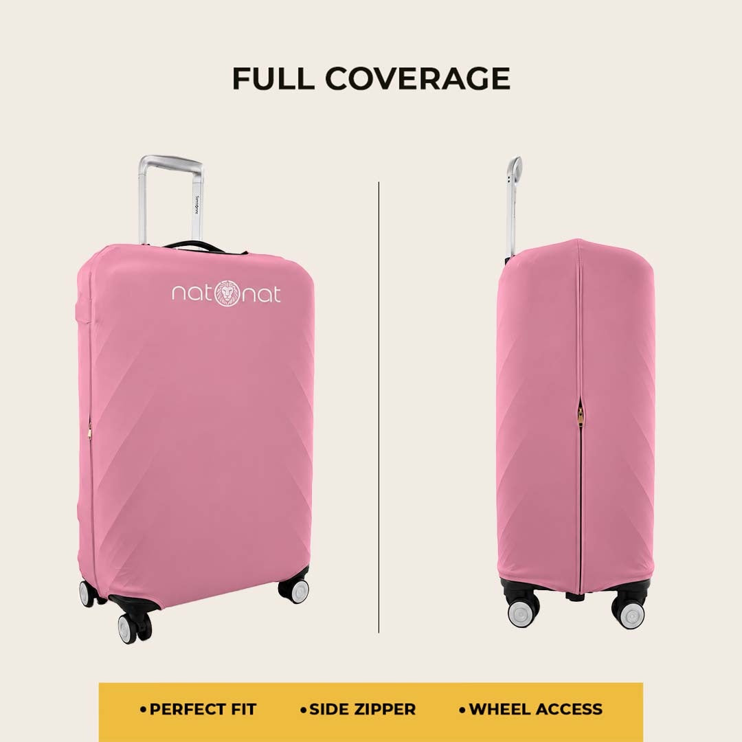 Pink luggage cover showing full suitcase coverage from front and rear