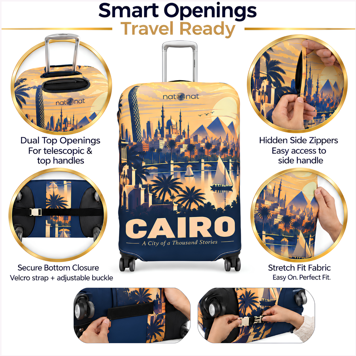 Cairo luggage cover with smart handle openings, secure closure and full suitcase protection