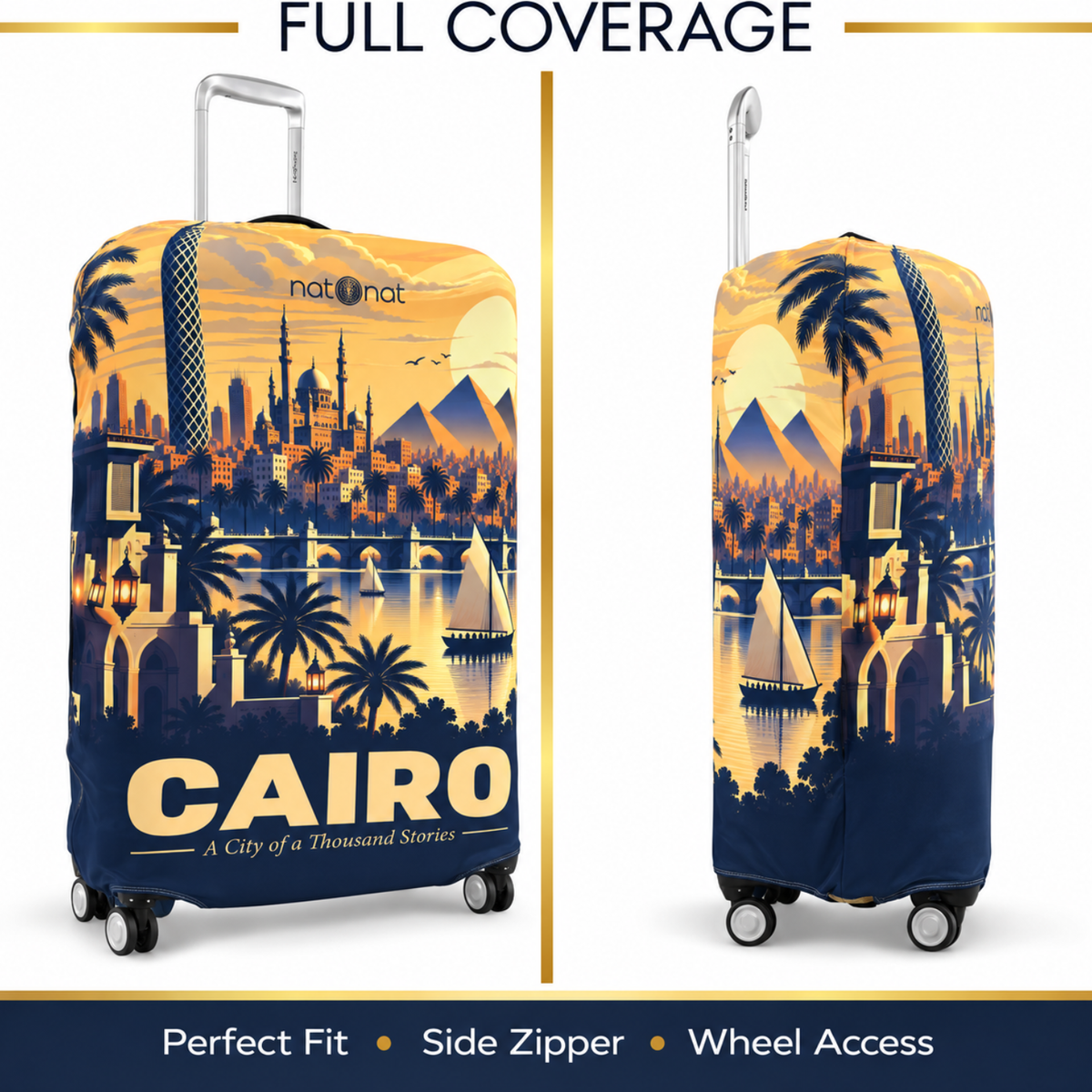 Cairo luggage cover showing full suitcase coverage with side zipper and secure fit