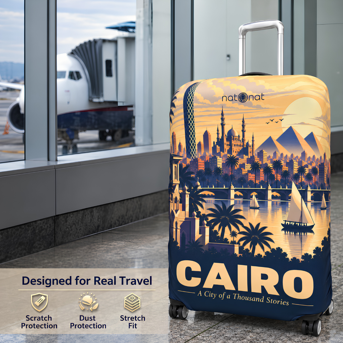 Cairo Egyptian luggage cover by natOnat shown on a suitcase in an airport travel setting