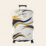 Madrid premium luggage cover fitted on suitcase with white black and gold design
