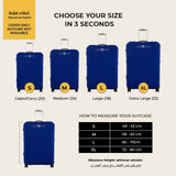 Blue luggage cover size guide for S M L and XL suitcases