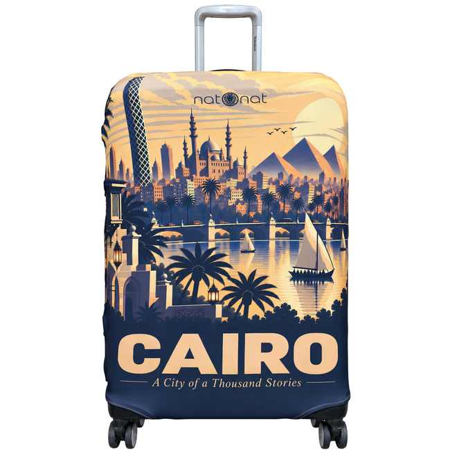 Cairo Egyptian luggage cover by natOnat featuring Cairo skyline, pyramids, Nile River and palm trees