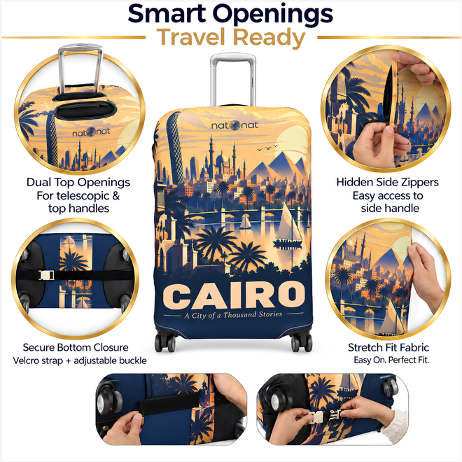 Cairo luggage cover with smart handle openings, secure closure and full suitcase protection